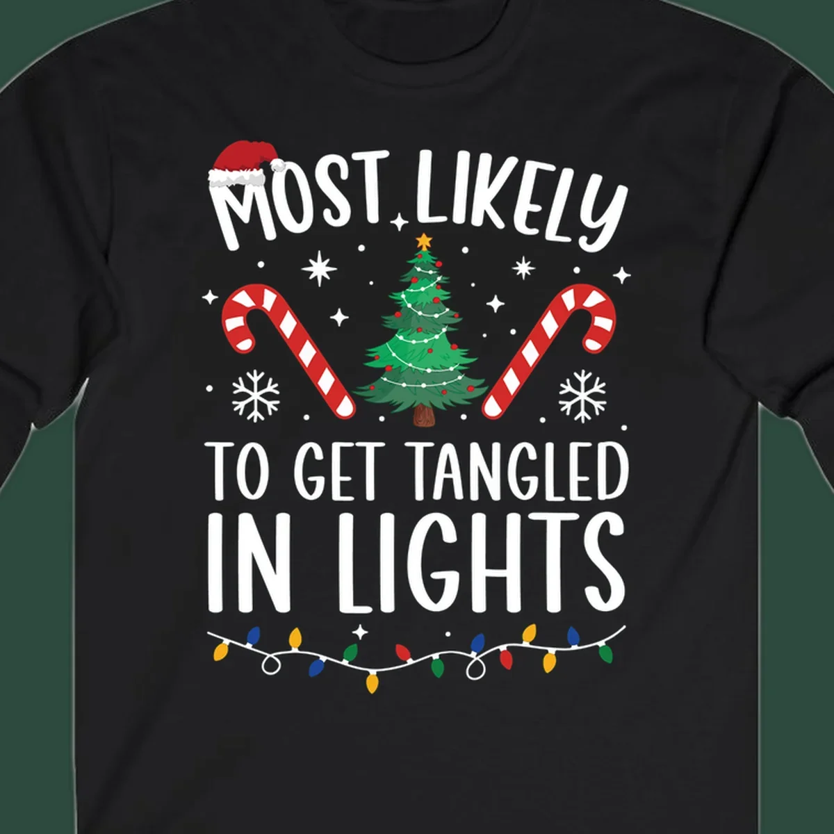 Most Likely To Get Tangled In Lights text with christmas tree, candy canes, and santa hat.