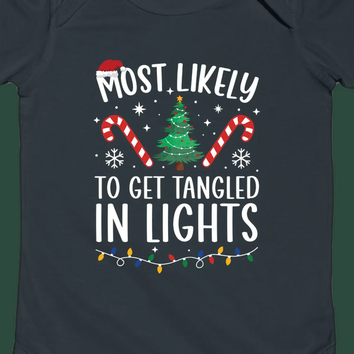 Most Likely To Get Tangled In Lights text with christmas tree, candy canes, and santa hat.