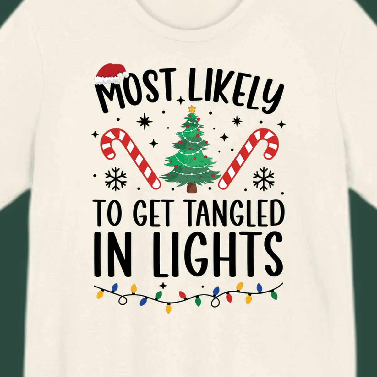 Most Likely To Get Tangled In Lights text with christmas tree, candy canes, and santa hat.