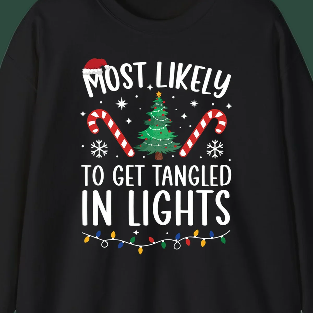 Most Likely To Get Tangled In Lights text with christmas tree, candy canes, and santa hat.