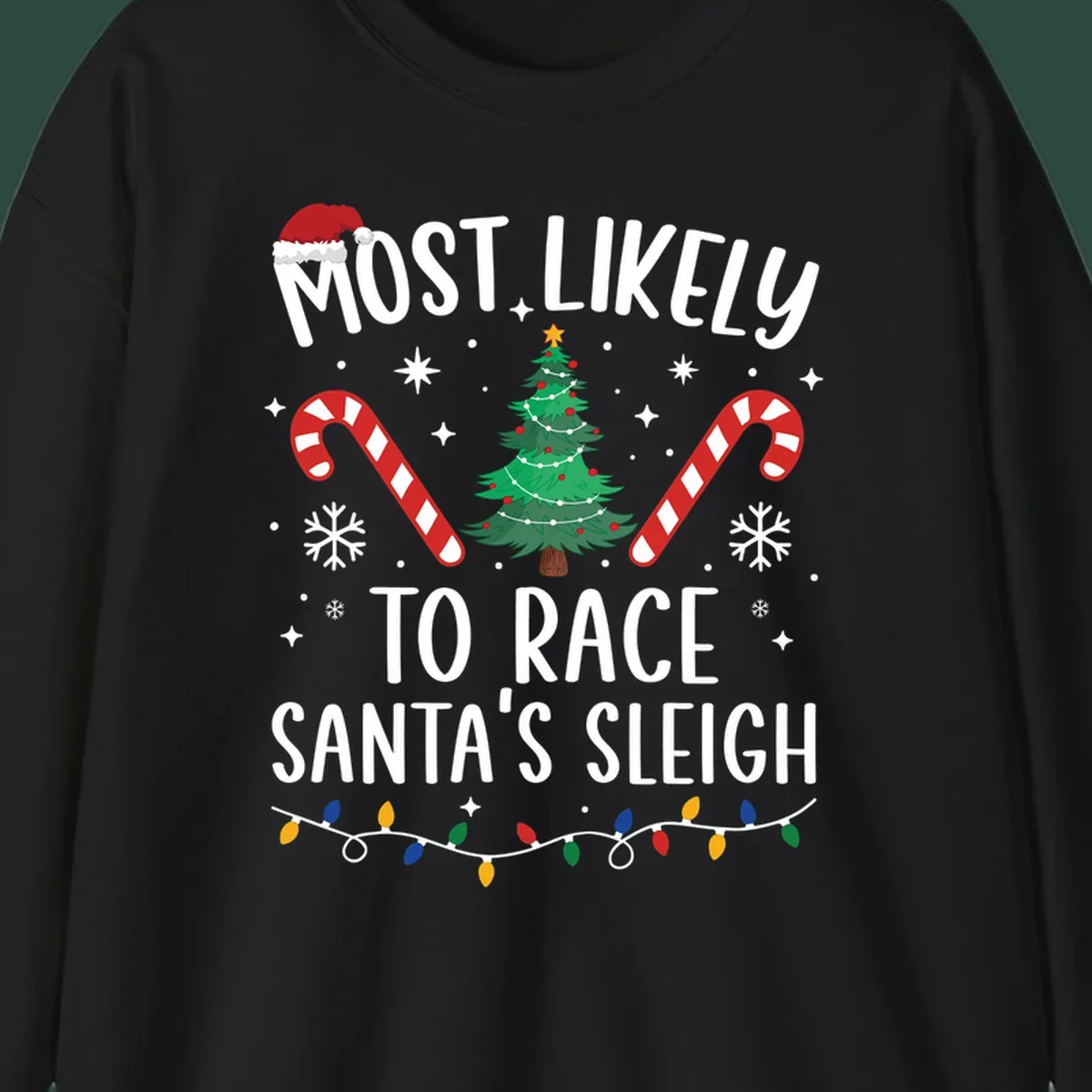 Most Likely To Race Santa's Sleigh text with Christmas graphics. Christmas hat, tree, candy canes, lights.