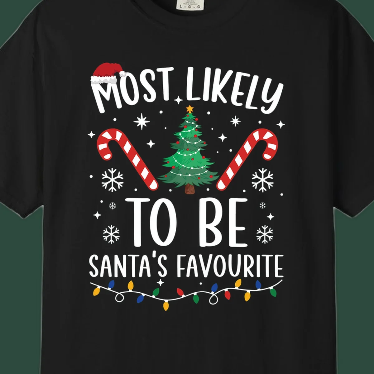 Most Likely To Be Santa's Favourite Christmas text design with Santa hat, tree, candy canes, snowflakes, and lights.