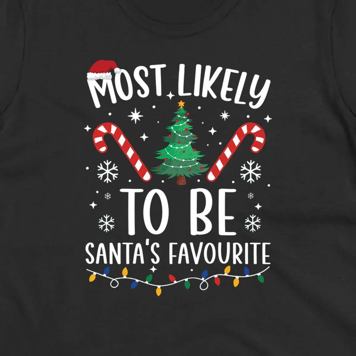 Most Likely To Be Santa's Favourite Christmas text design with Santa hat, tree, candy canes, snowflakes, and lights.