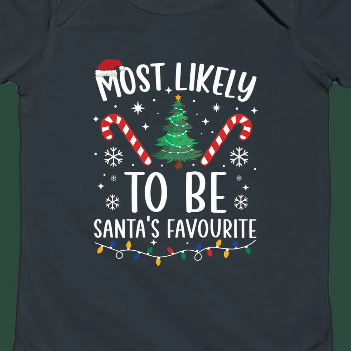 Most Likely To Be Santa's Favourite Christmas text design with Santa hat, tree, candy canes, snowflakes, and lights.