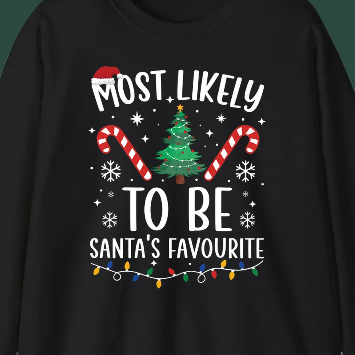 Most Likely To Be Santa's Favourite Christmas text design with Santa hat, tree, candy canes, snowflakes, and lights.