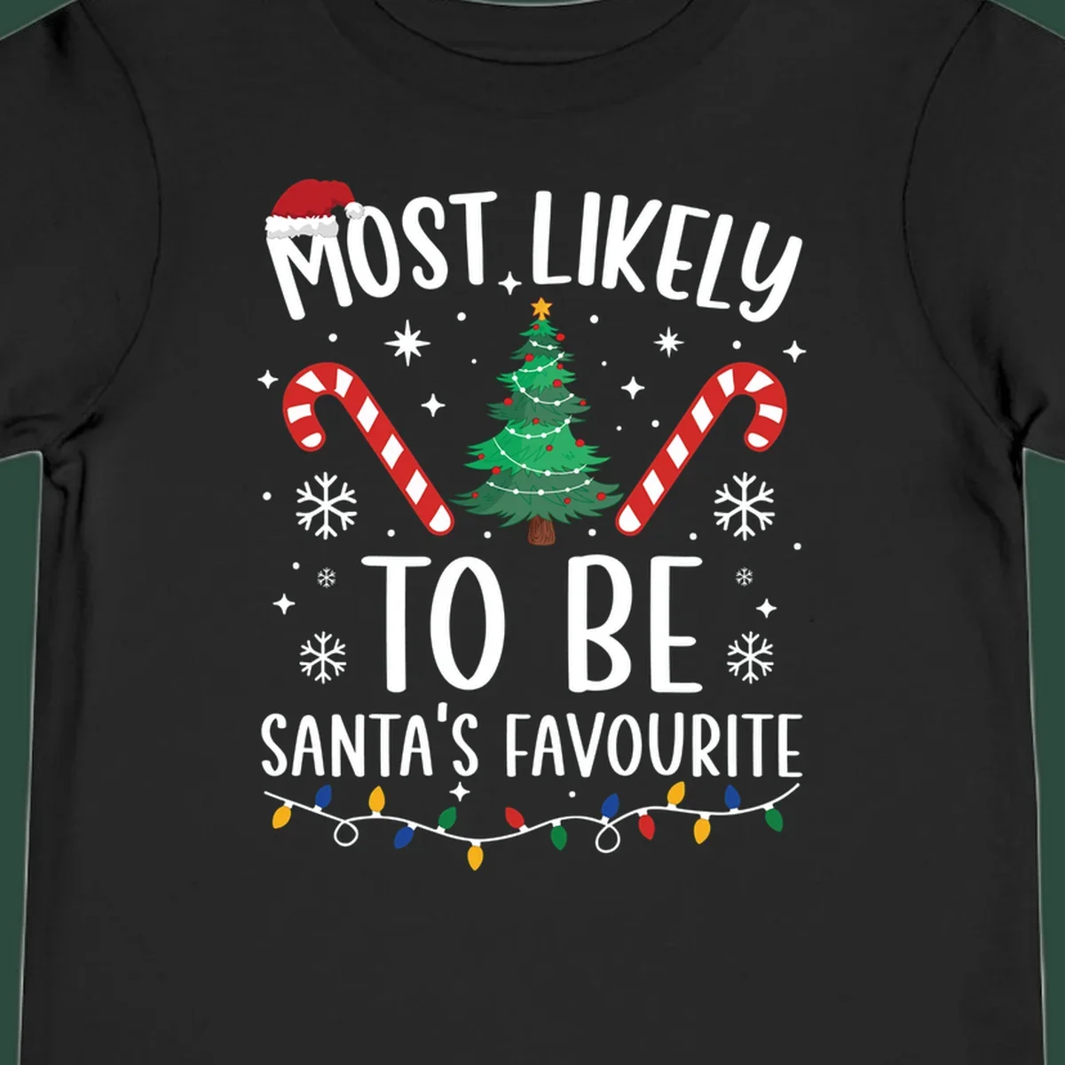 Most Likely To Be Santa's Favourite Christmas text design with Santa hat, tree, candy canes, snowflakes, and lights.