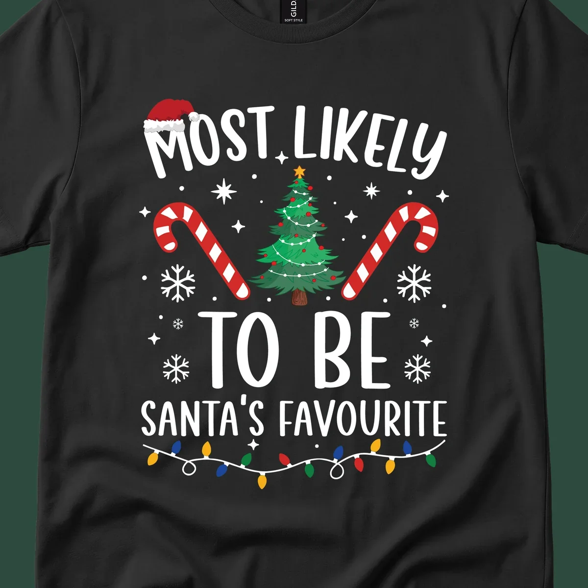 Most Likely To Be Santa's Favourite Christmas text design with Santa hat, tree, candy canes, snowflakes, and lights.
