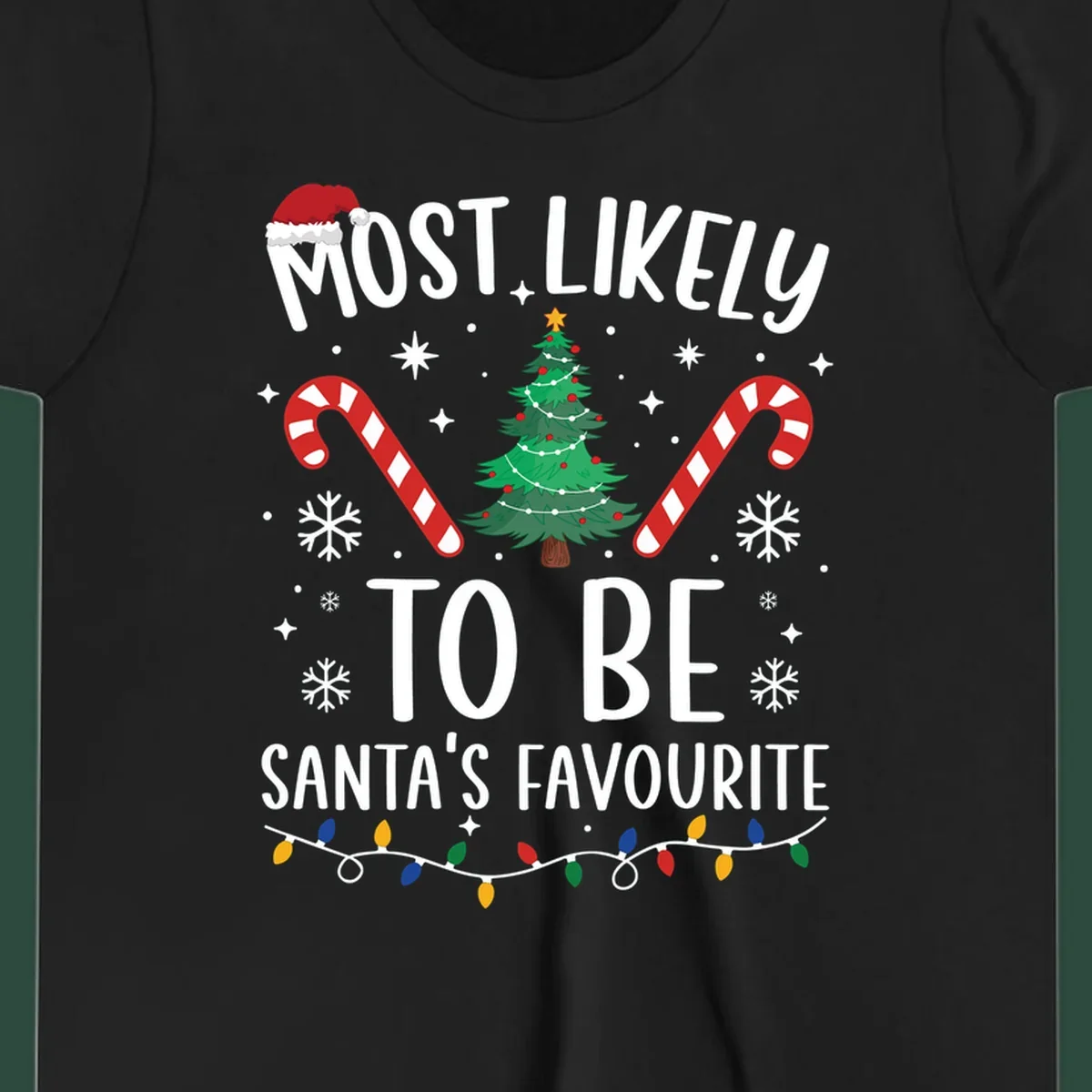 Most Likely To Be Santa's Favourite Christmas text design with Santa hat, tree, candy canes, snowflakes, and lights.