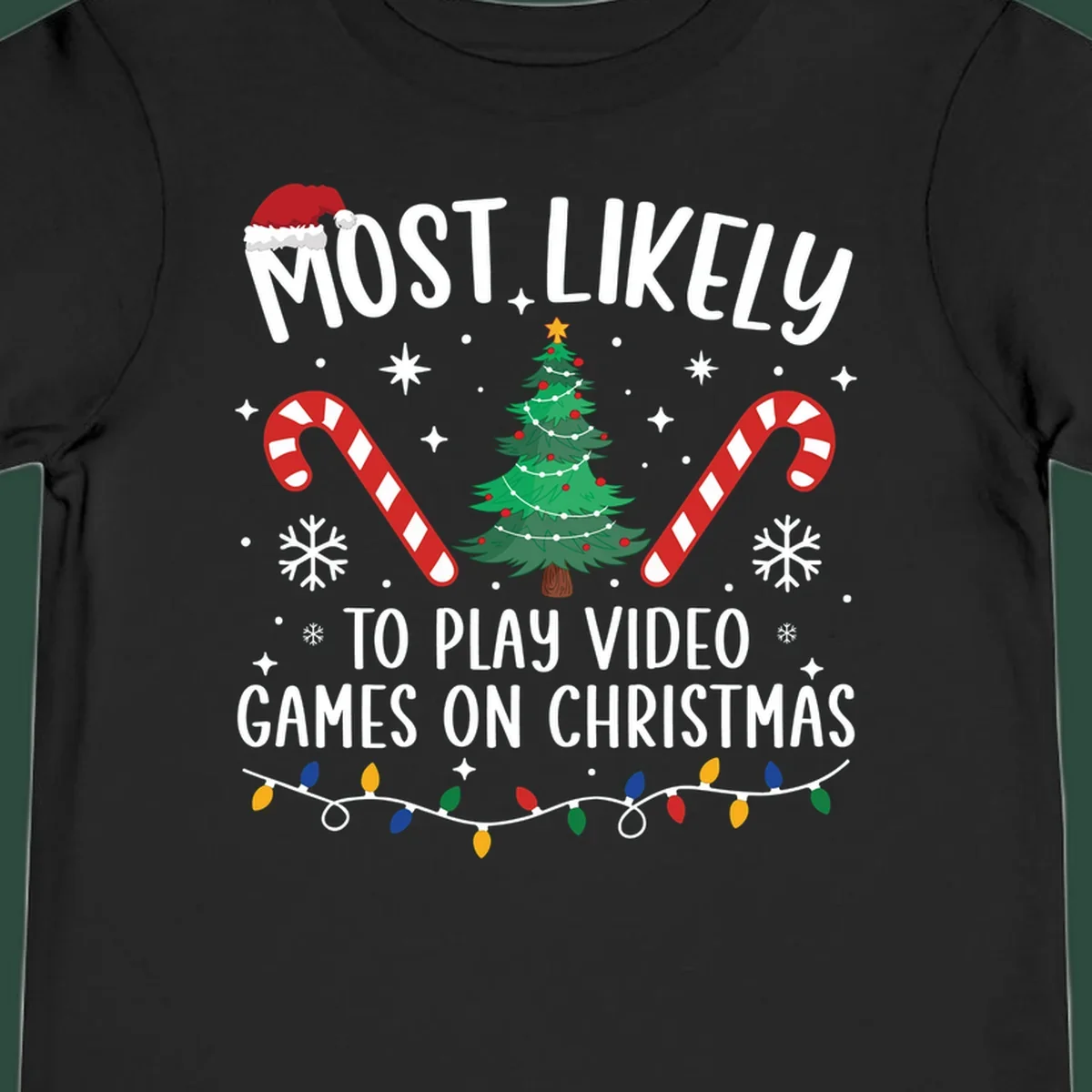 Most Likely To Play Video Games On Christmas design with text, Christmas tree, candy canes, and lights.