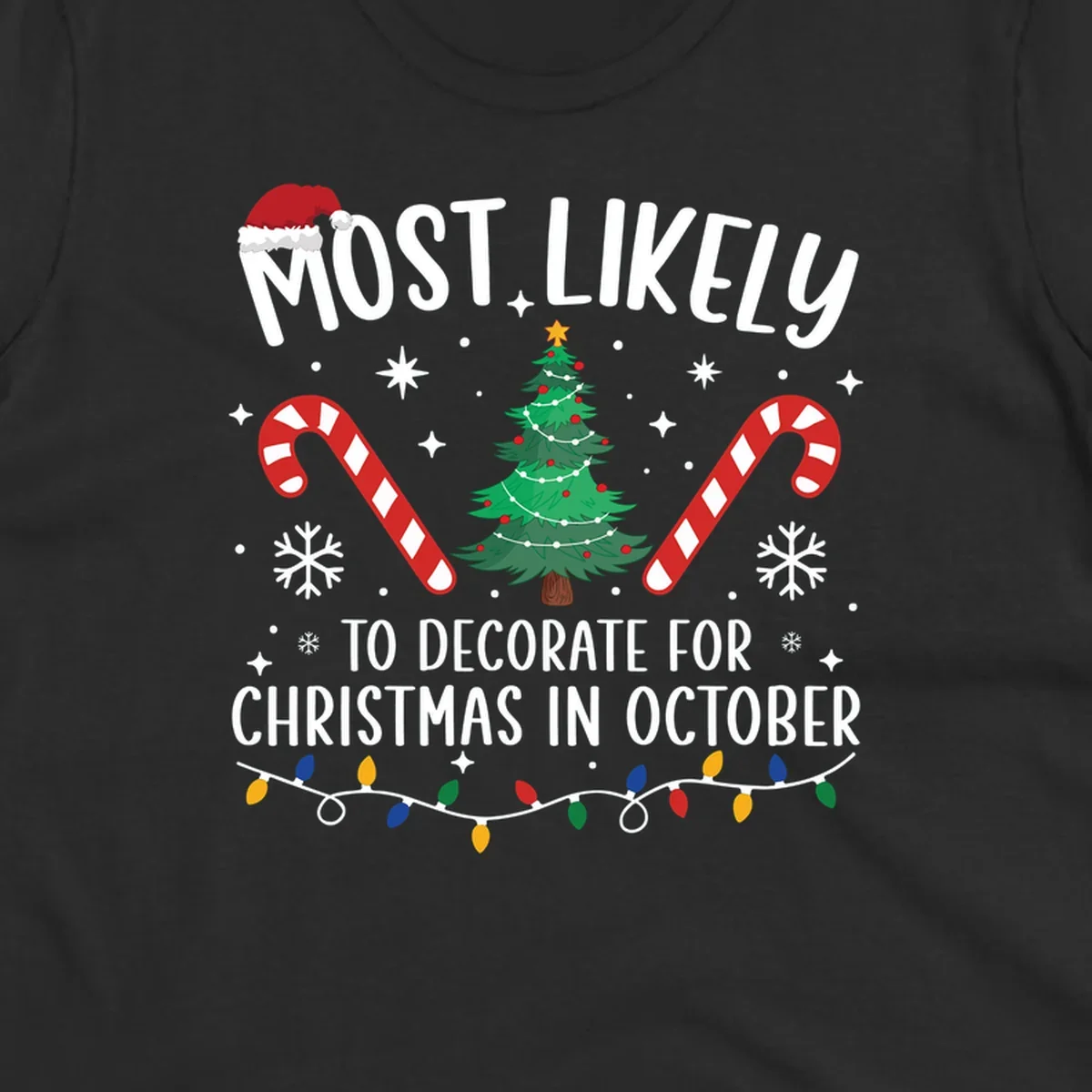 Most Likely To Decorate For Christmas In October text with Christmas tree, candy canes, and Santa hat.