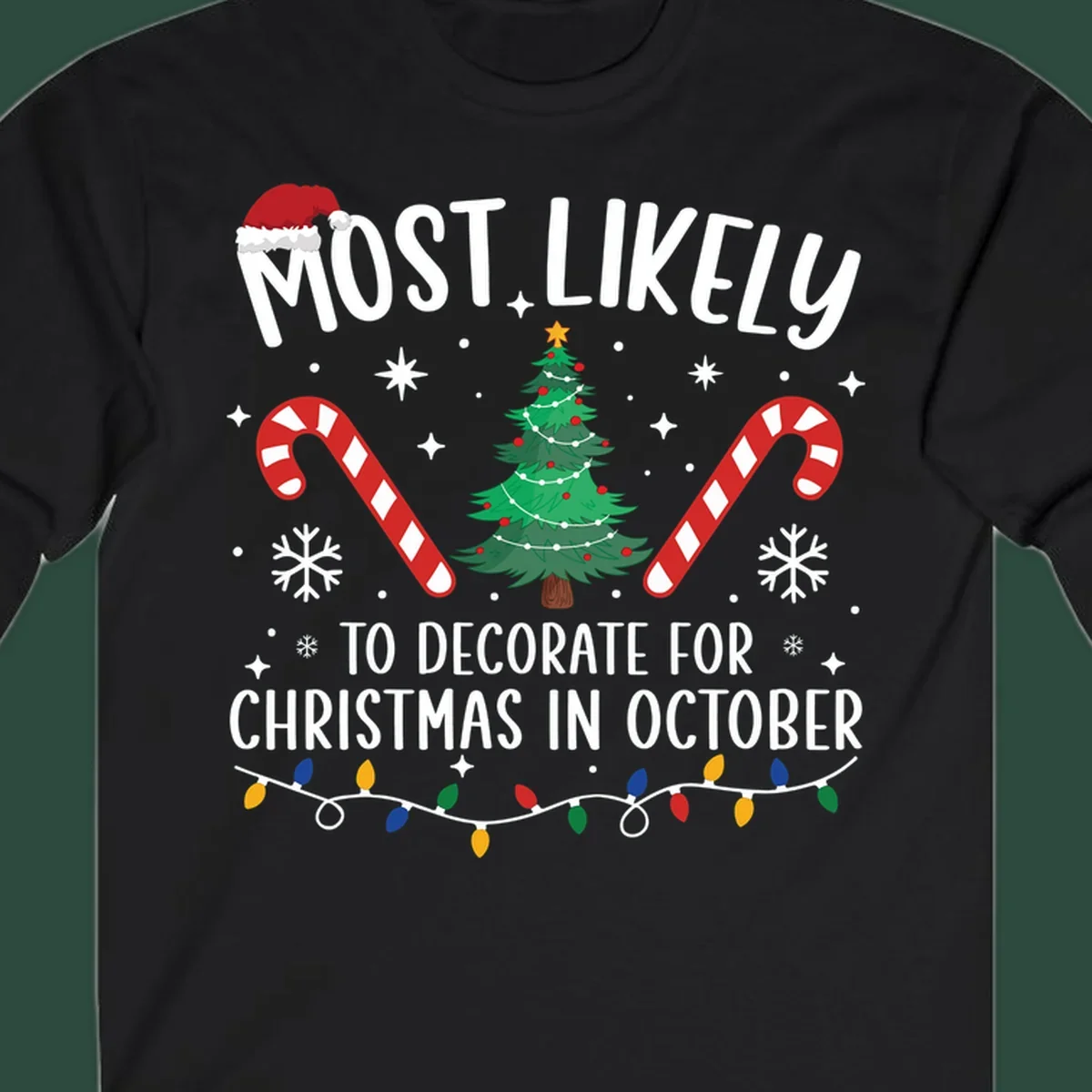Most Likely To Decorate For Christmas In October text with Christmas tree, candy canes, and Santa hat.