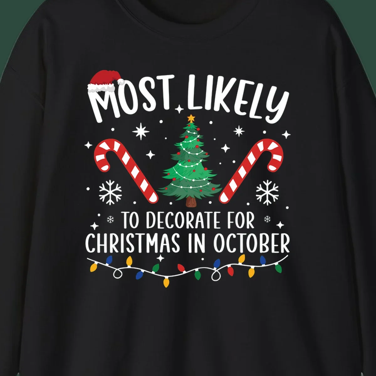 Most Likely To Decorate For Christmas In October text with Christmas tree, candy canes, and Santa hat.