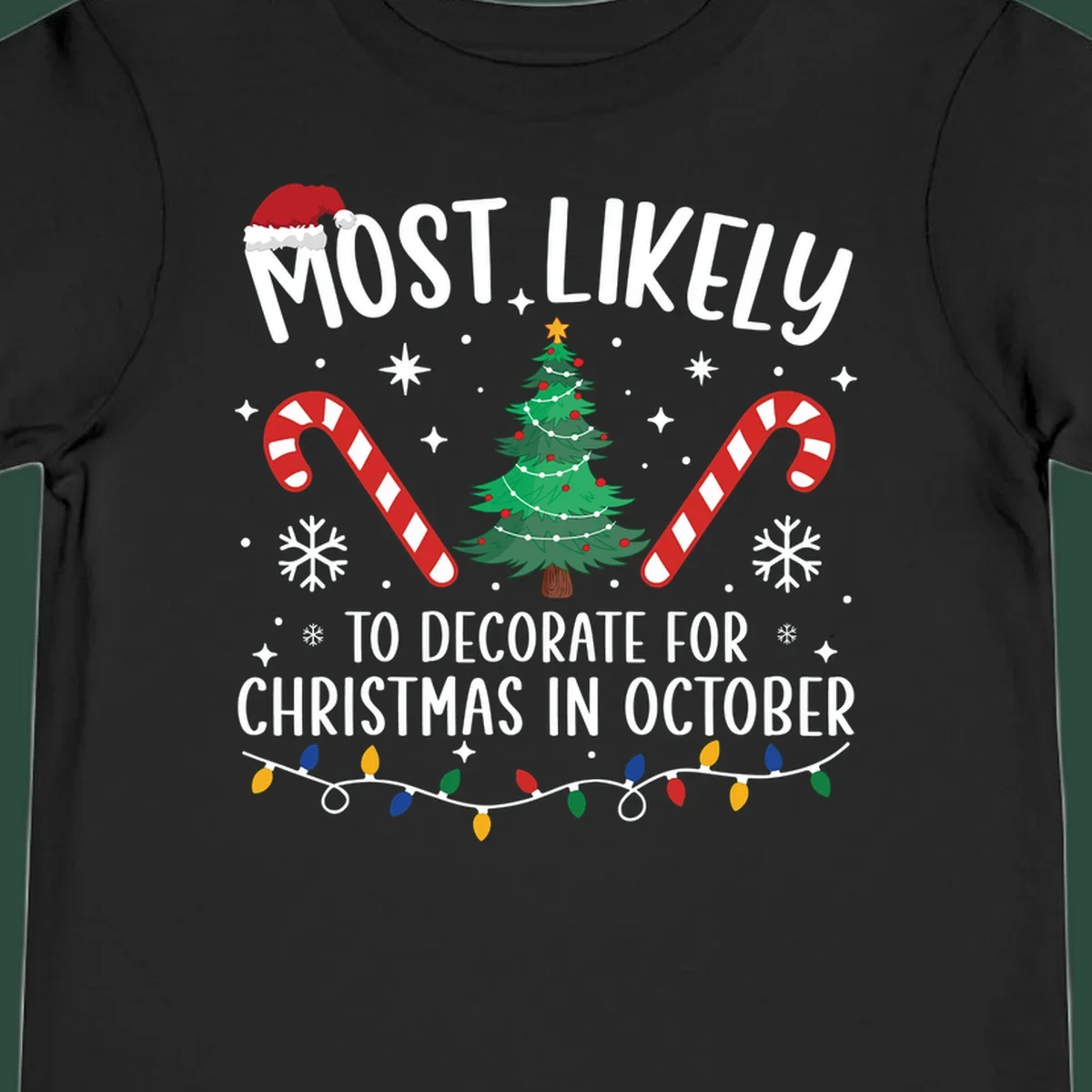 Most Likely To Decorate For Christmas In October text with Christmas tree, candy canes, and Santa hat.