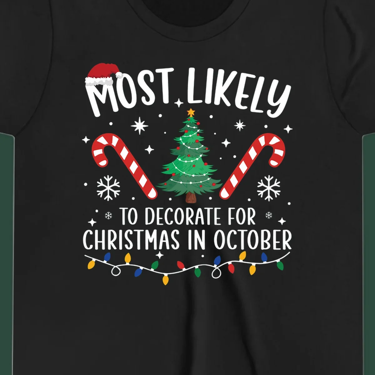 Most Likely To Decorate For Christmas In October text with Christmas tree, candy canes, and Santa hat.