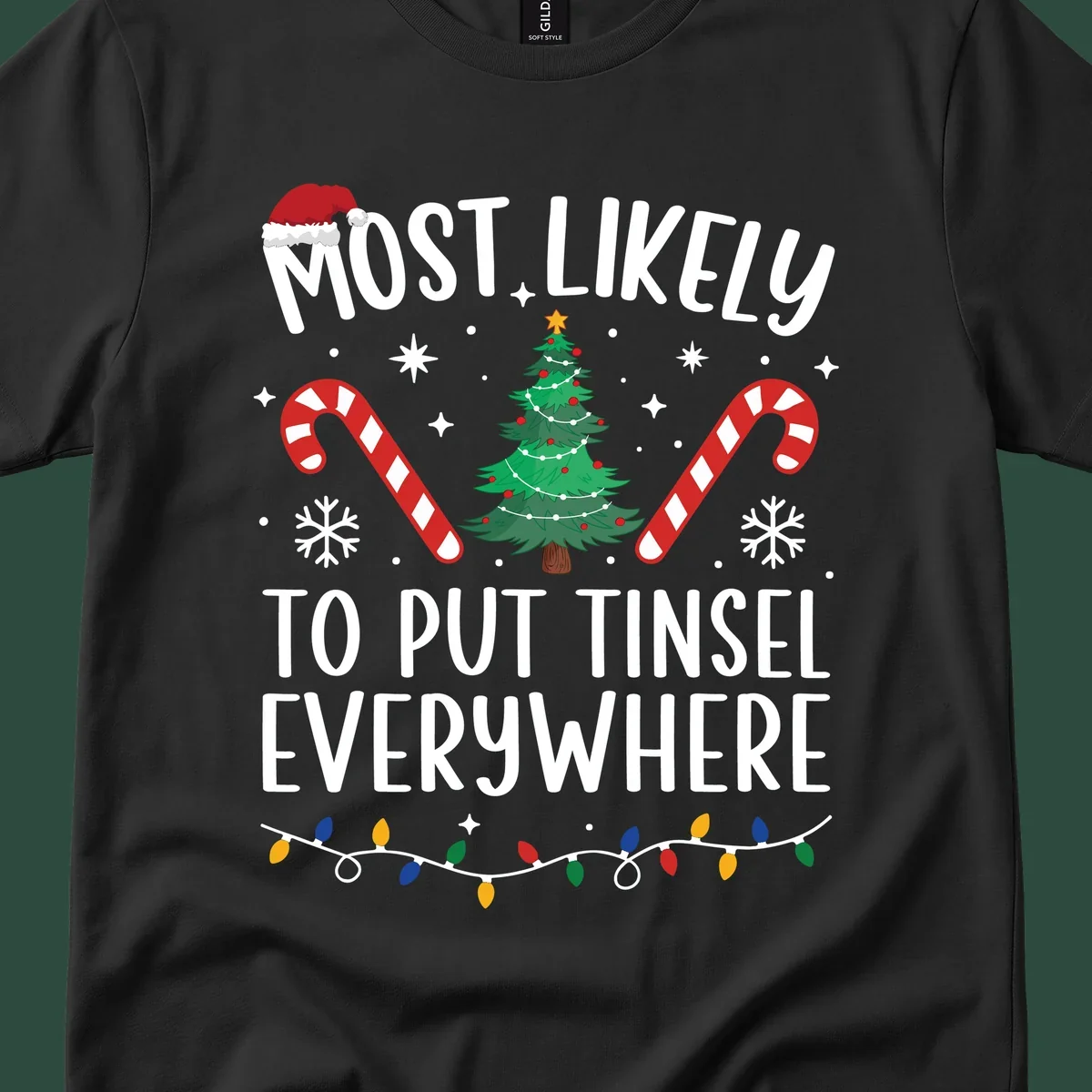 Most likely to put tinsel everywhere Christmas design with tree, candy canes, and lights.