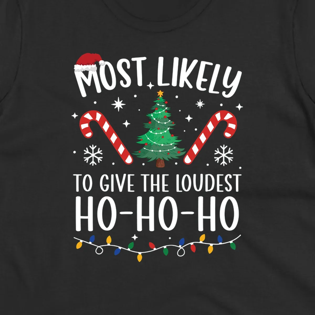 Most Likely To Give Loudest Ho-Ho-Ho Christmas design with tree, candy canes, and Santa hat.