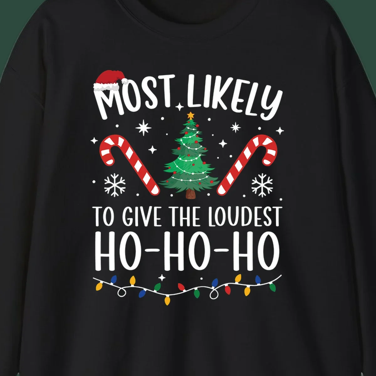 Most Likely To Give Loudest Ho-Ho-Ho Christmas design with tree, candy canes, and Santa hat.