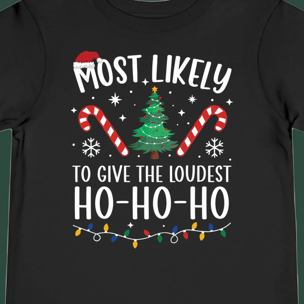 Most Likely To Give Loudest Ho-Ho-Ho Christmas design with tree, candy canes, and Santa hat.