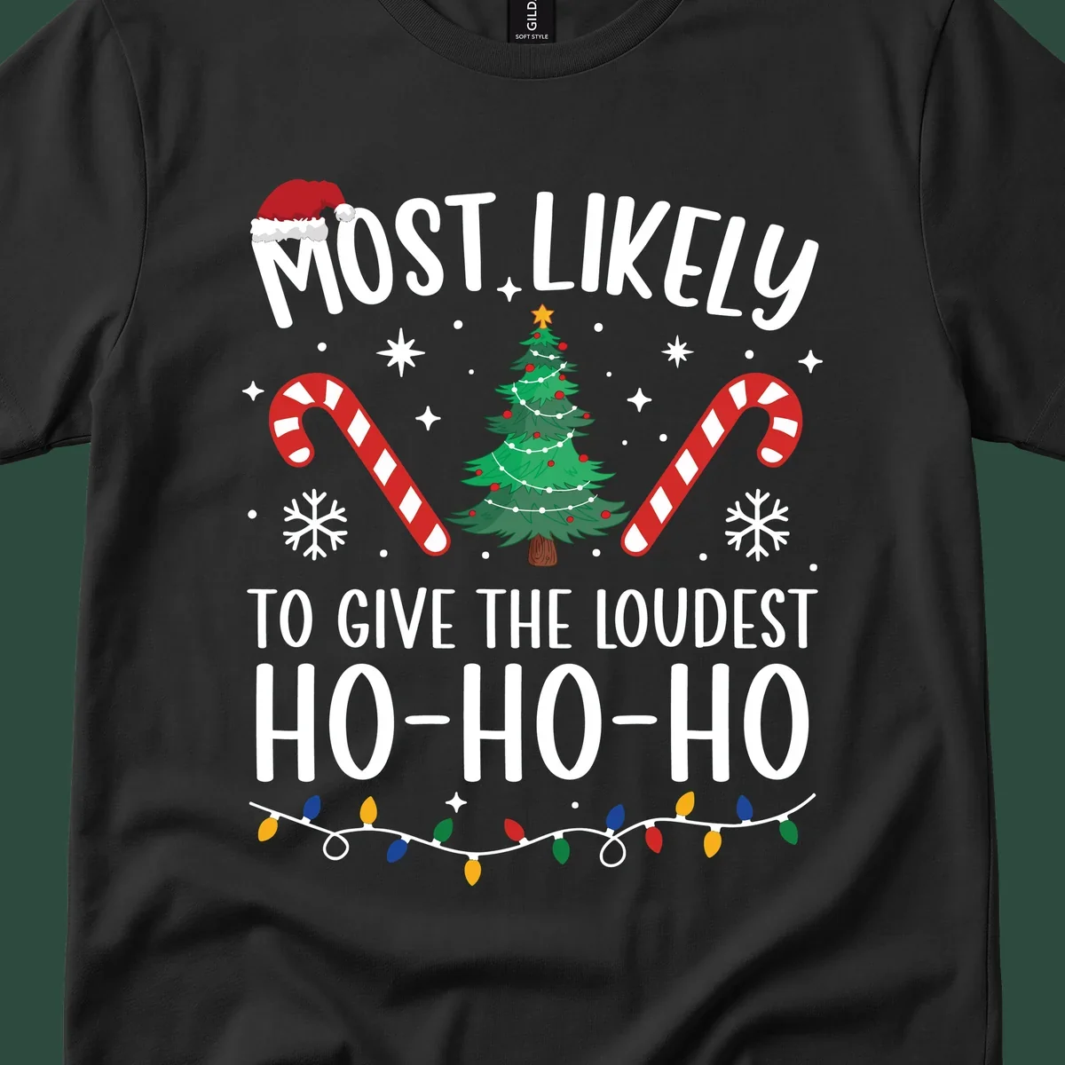 Most Likely To Give Loudest Ho-Ho-Ho Christmas design with tree, candy canes, and Santa hat.
