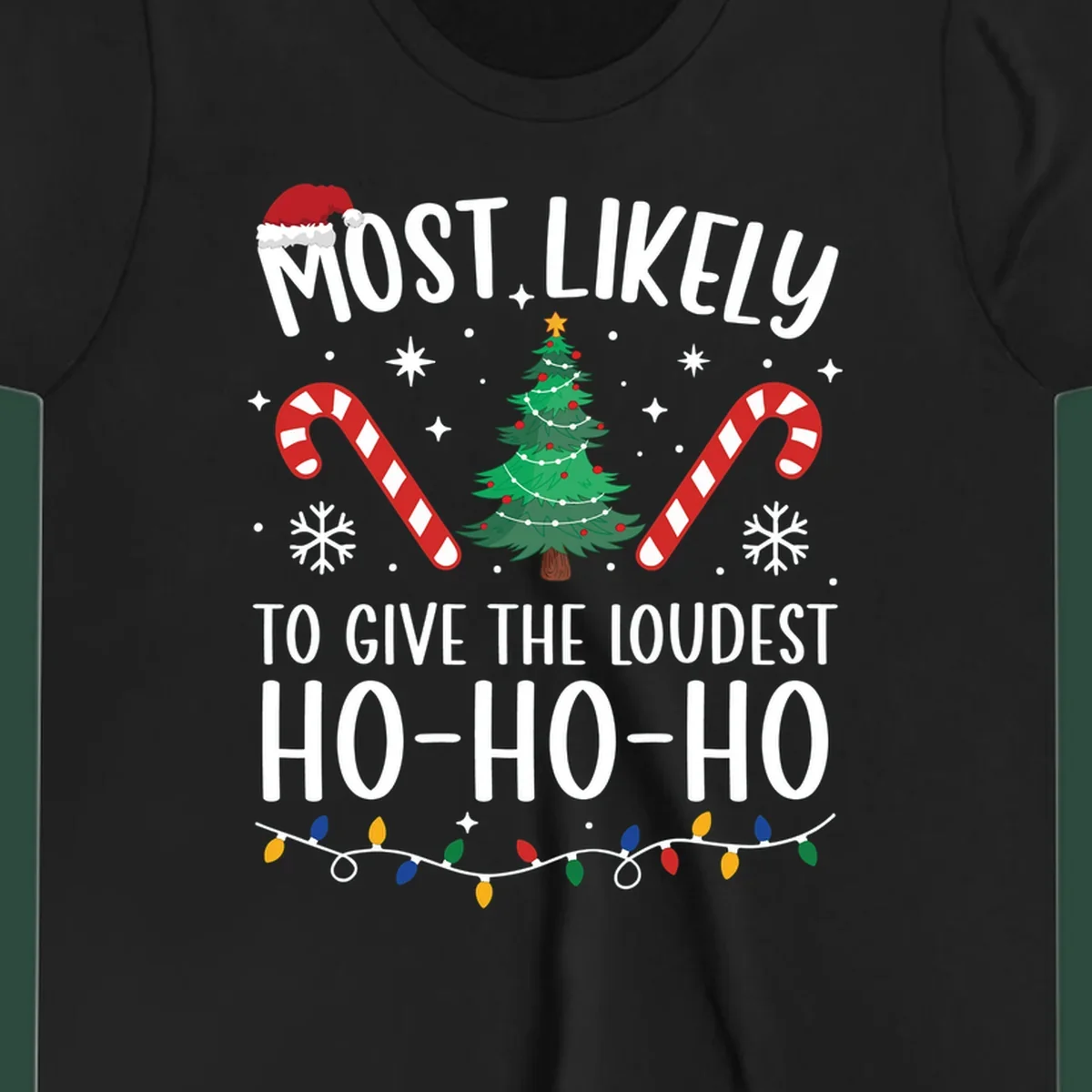 Most Likely To Give Loudest Ho-Ho-Ho Christmas design with tree, candy canes, and Santa hat.