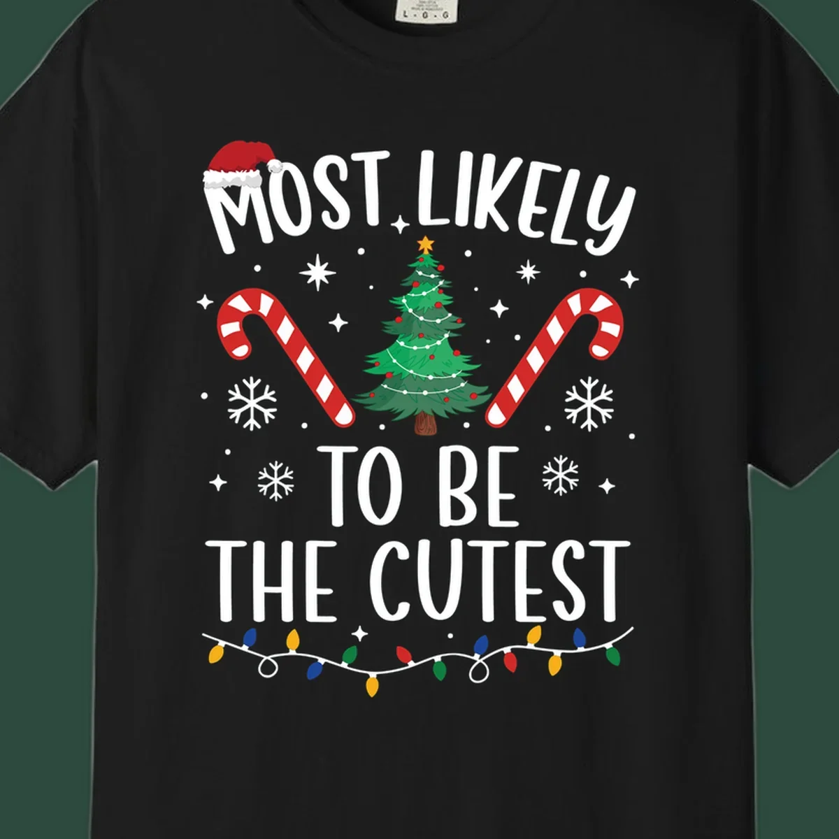 Most Likely To Be The Cutest Christmas Crew text with festive holiday graphics like a Christmas tree and Santa hat.