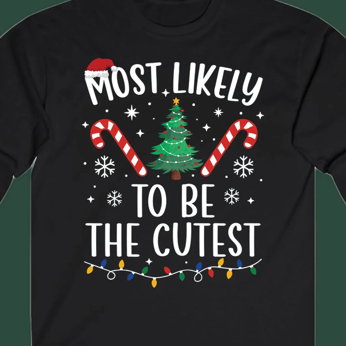 Most Likely To Be The Cutest Christmas Crew text with festive holiday graphics like a Christmas tree and Santa hat.