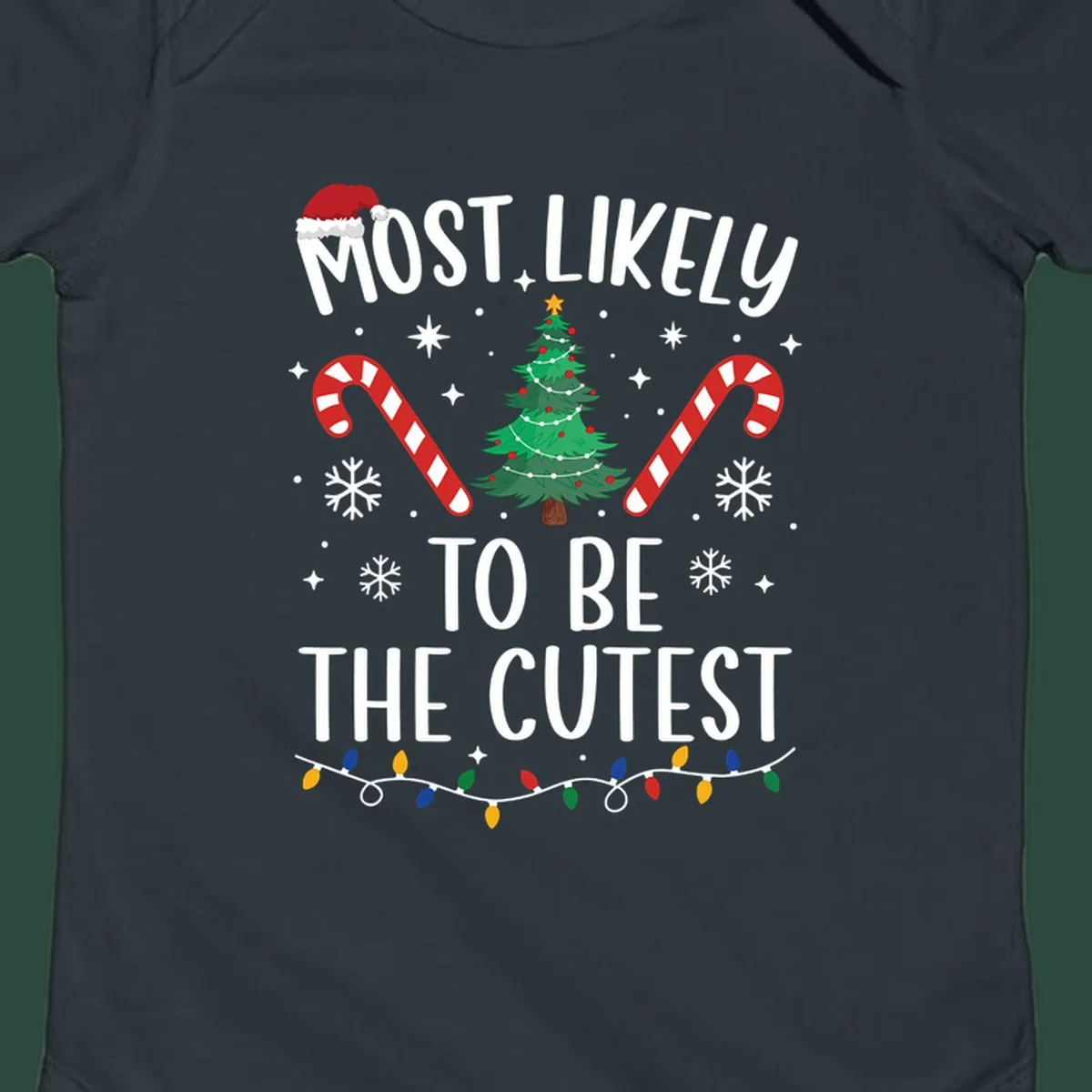 Most Likely To Be The Cutest Christmas Crew text with festive holiday graphics like a Christmas tree and Santa hat.