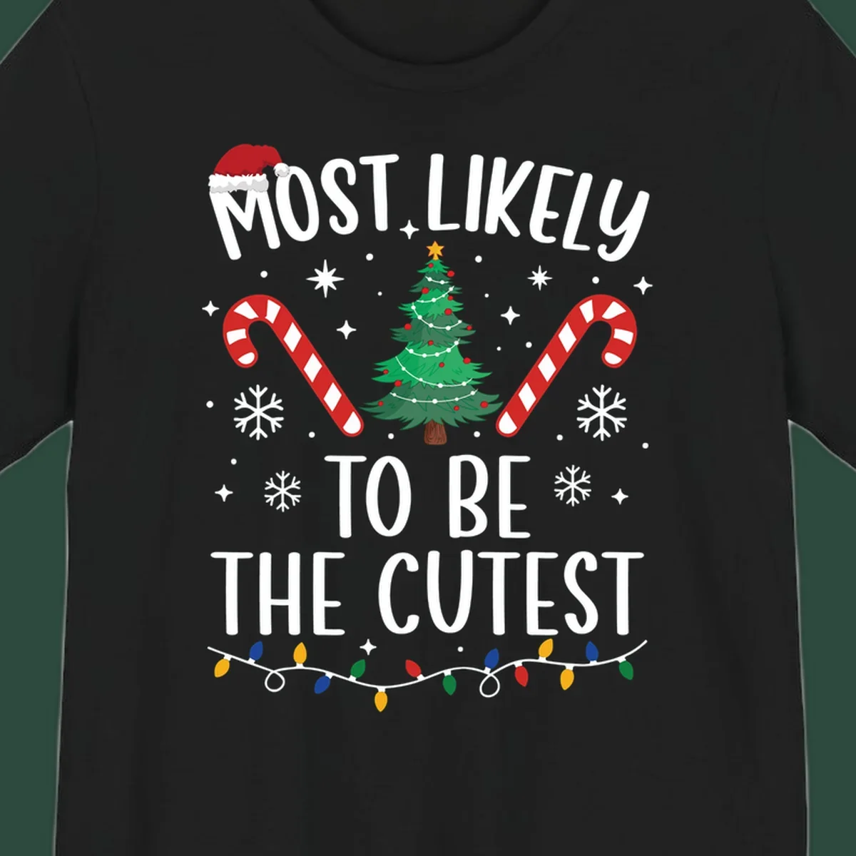Most Likely To Be The Cutest Christmas Crew text with festive holiday graphics like a Christmas tree and Santa hat.