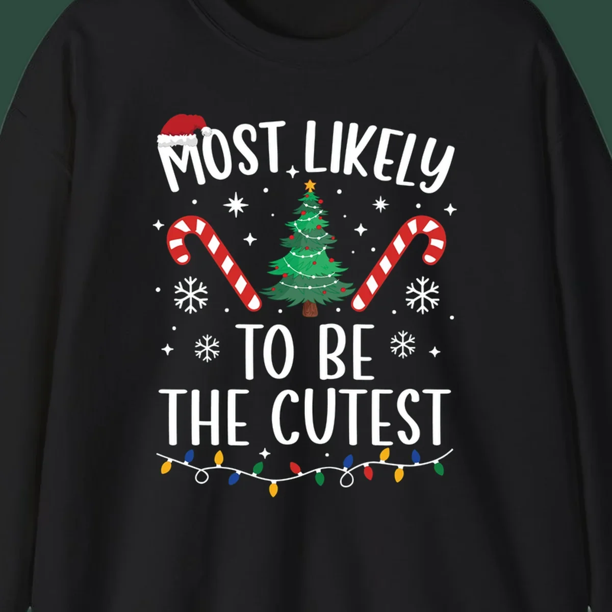 Most Likely To Be The Cutest Christmas Crew text with festive holiday graphics like a Christmas tree and Santa hat.