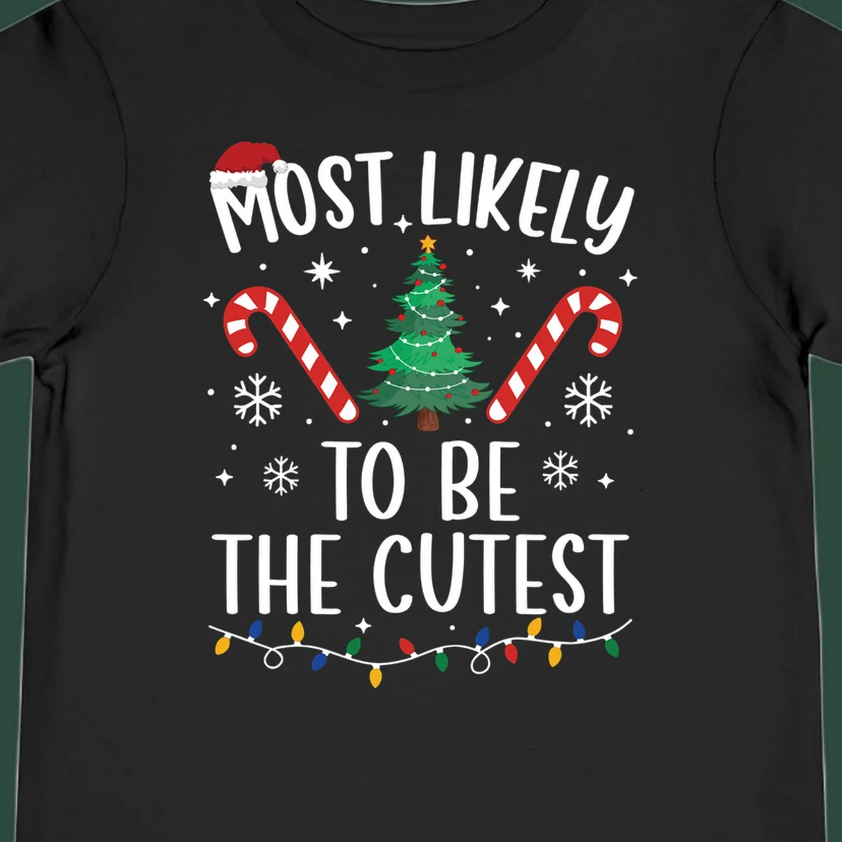 Most Likely To Be The Cutest Christmas Crew text with festive holiday graphics like a Christmas tree and Santa hat.