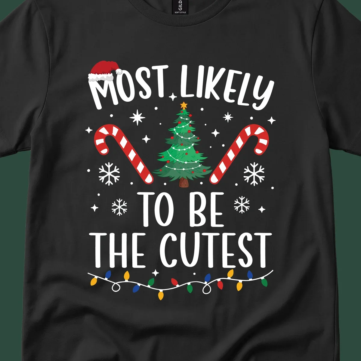 Most Likely To Be The Cutest Christmas Crew text with festive holiday graphics like a Christmas tree and Santa hat.