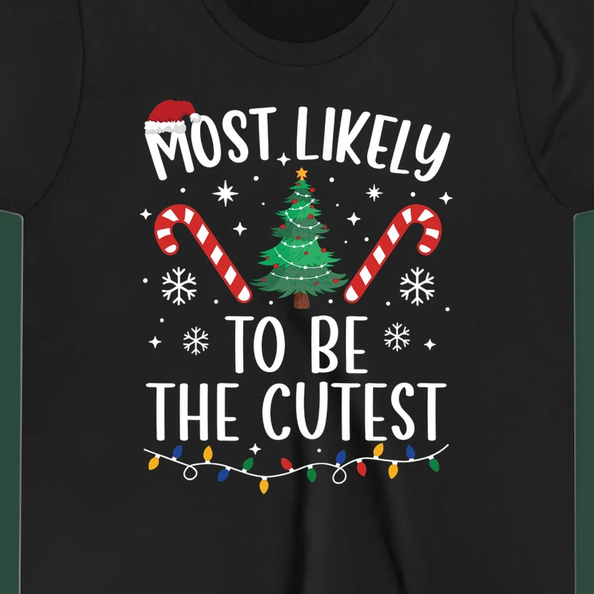 Most Likely To Be The Cutest Christmas Crew text with festive holiday graphics like a Christmas tree and Santa hat.