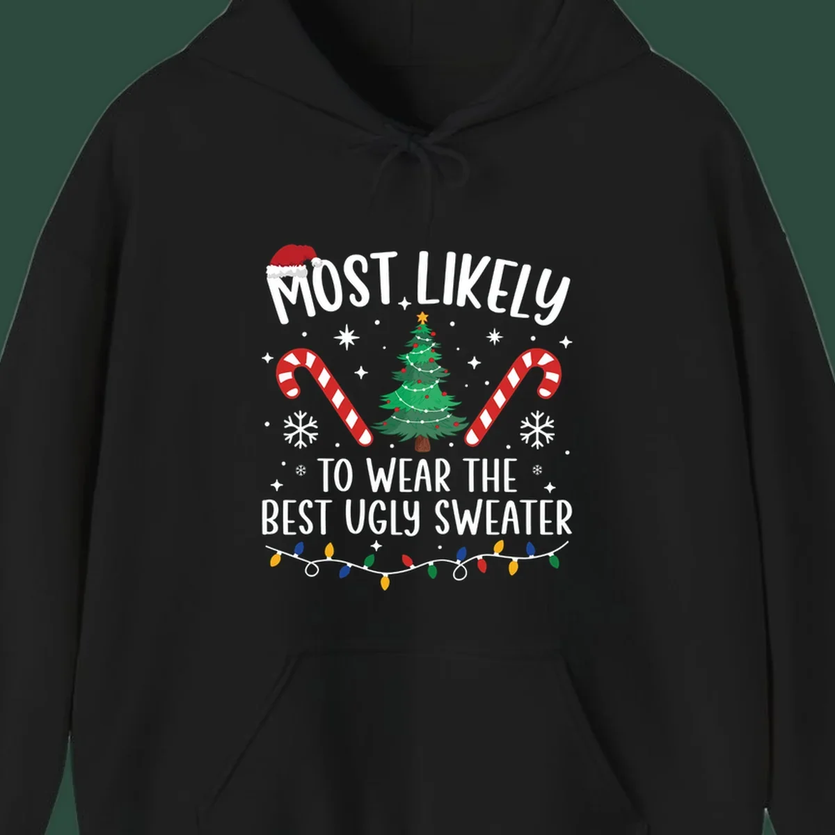 Most likely to wear the best ugly sweater text with Christmas tree, candy canes, and festive decorations.