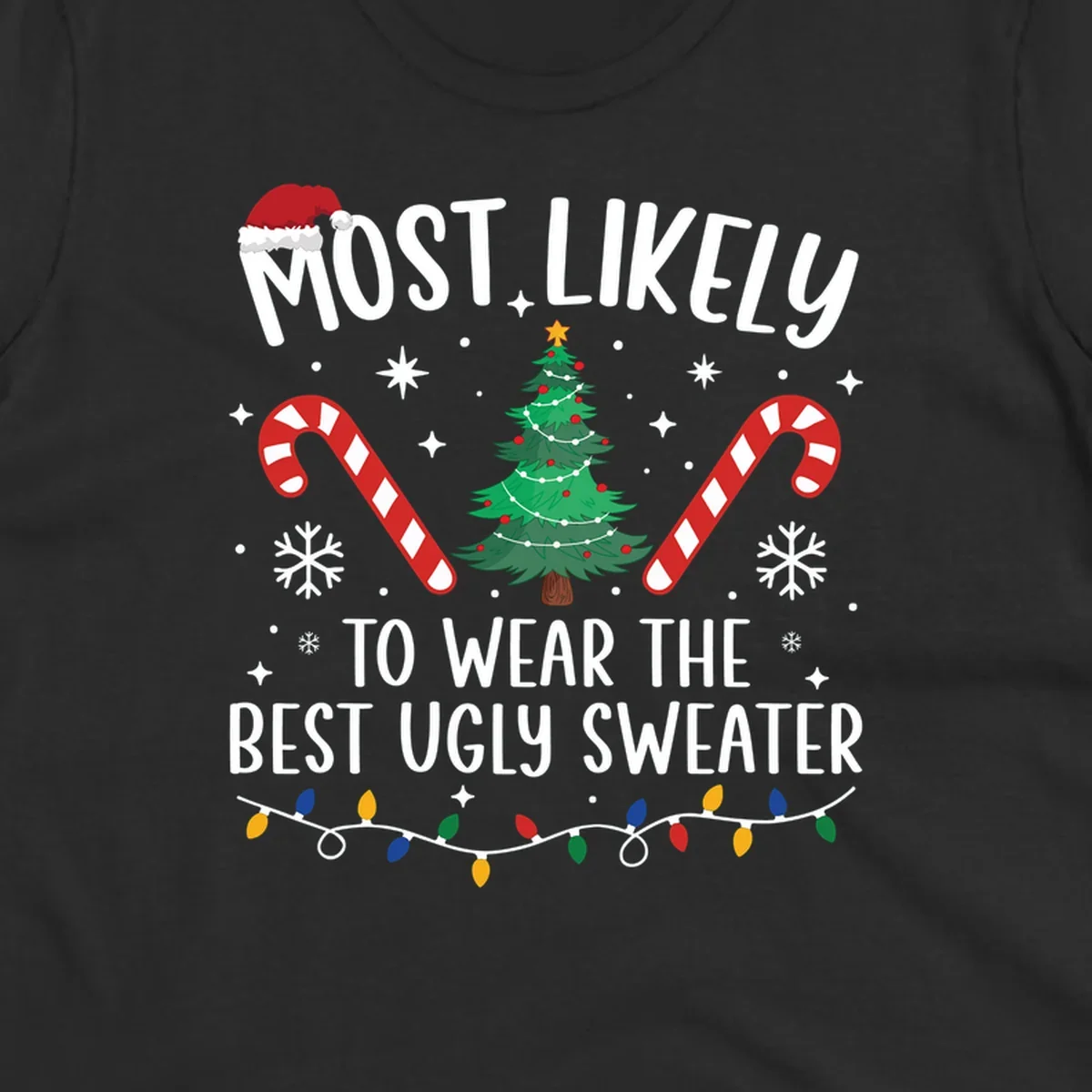 Most likely to wear the best ugly sweater text with Christmas tree, candy canes, and festive decorations.