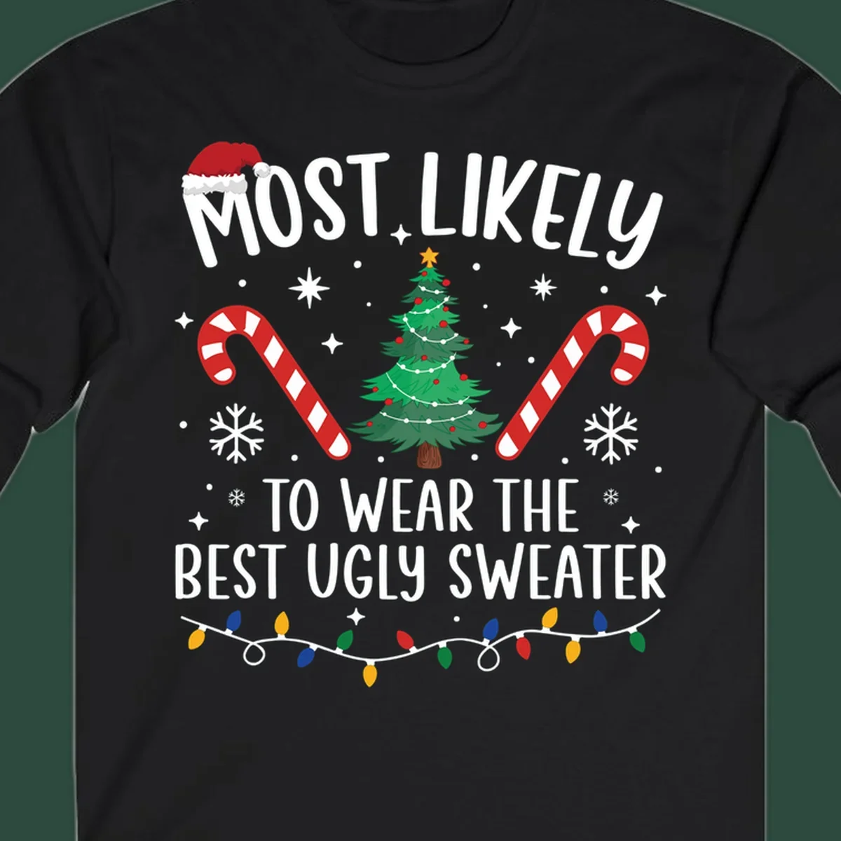 Most likely to wear the best ugly sweater text with Christmas tree, candy canes, and festive decorations.