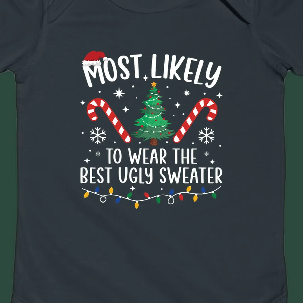 Most likely to wear the best ugly sweater text with Christmas tree, candy canes, and festive decorations.