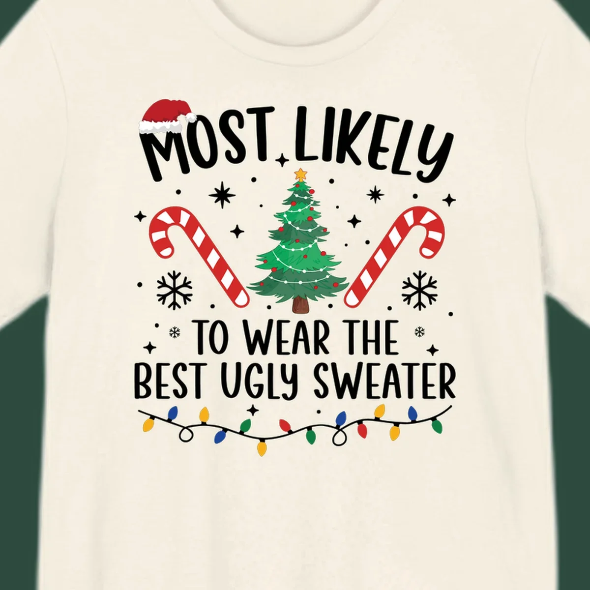 Most likely to wear the best ugly sweater text with Christmas tree, candy canes, and festive decorations.