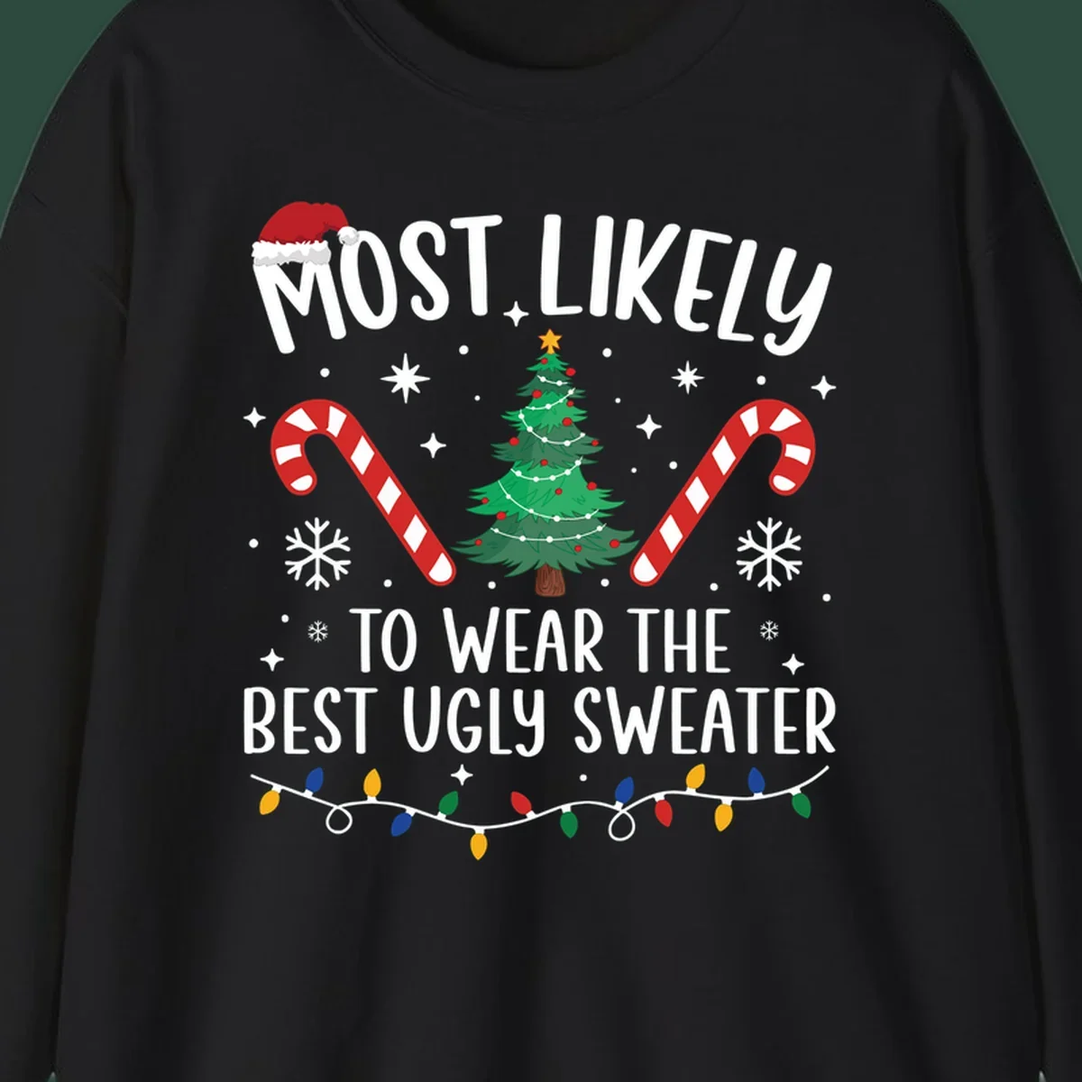 Most likely to wear the best ugly sweater text with Christmas tree, candy canes, and festive decorations.