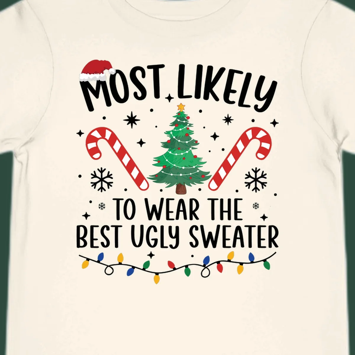 Most likely to wear the best ugly sweater text with Christmas tree, candy canes, and festive decorations.