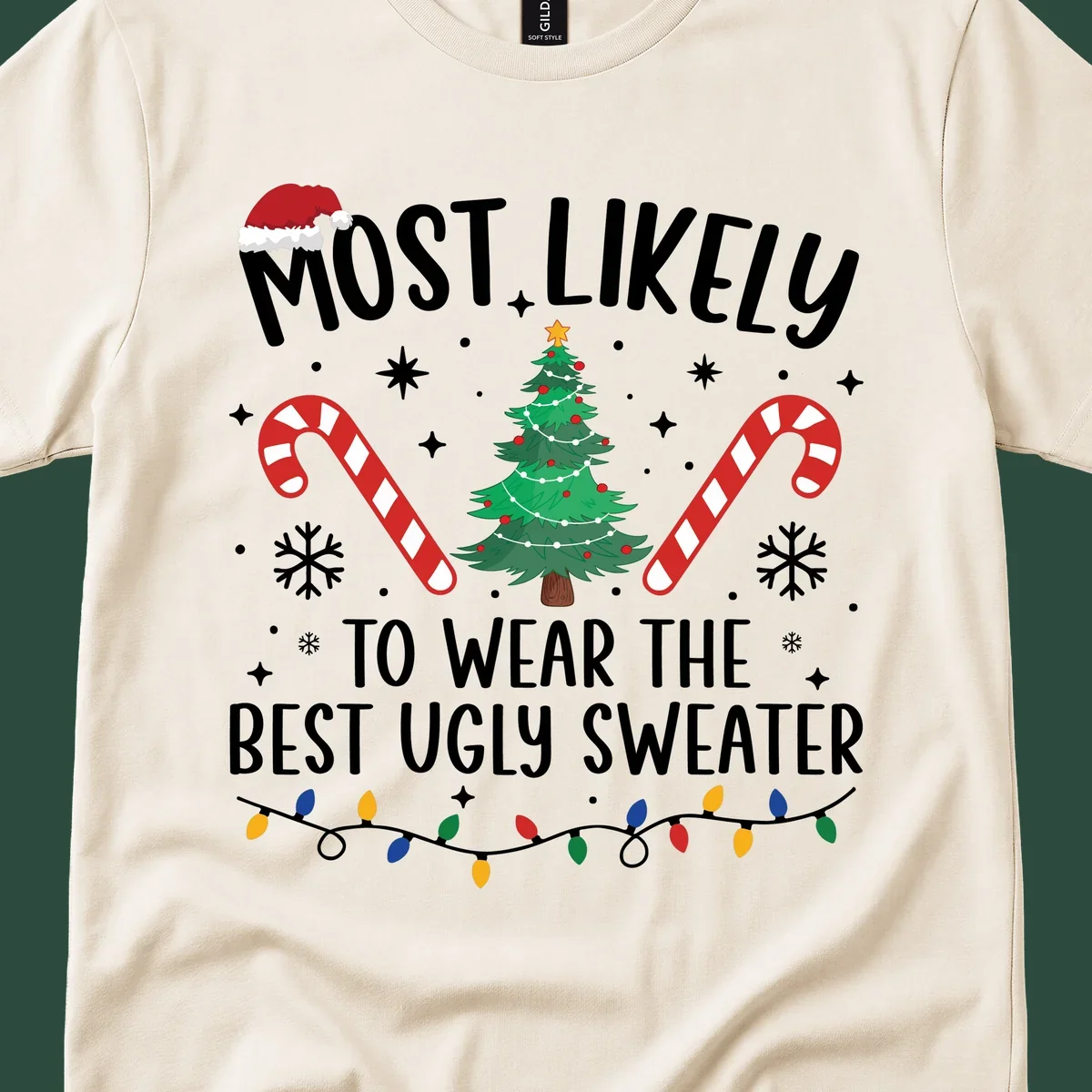Most likely to wear the best ugly sweater text with Christmas tree, candy canes, and festive decorations.