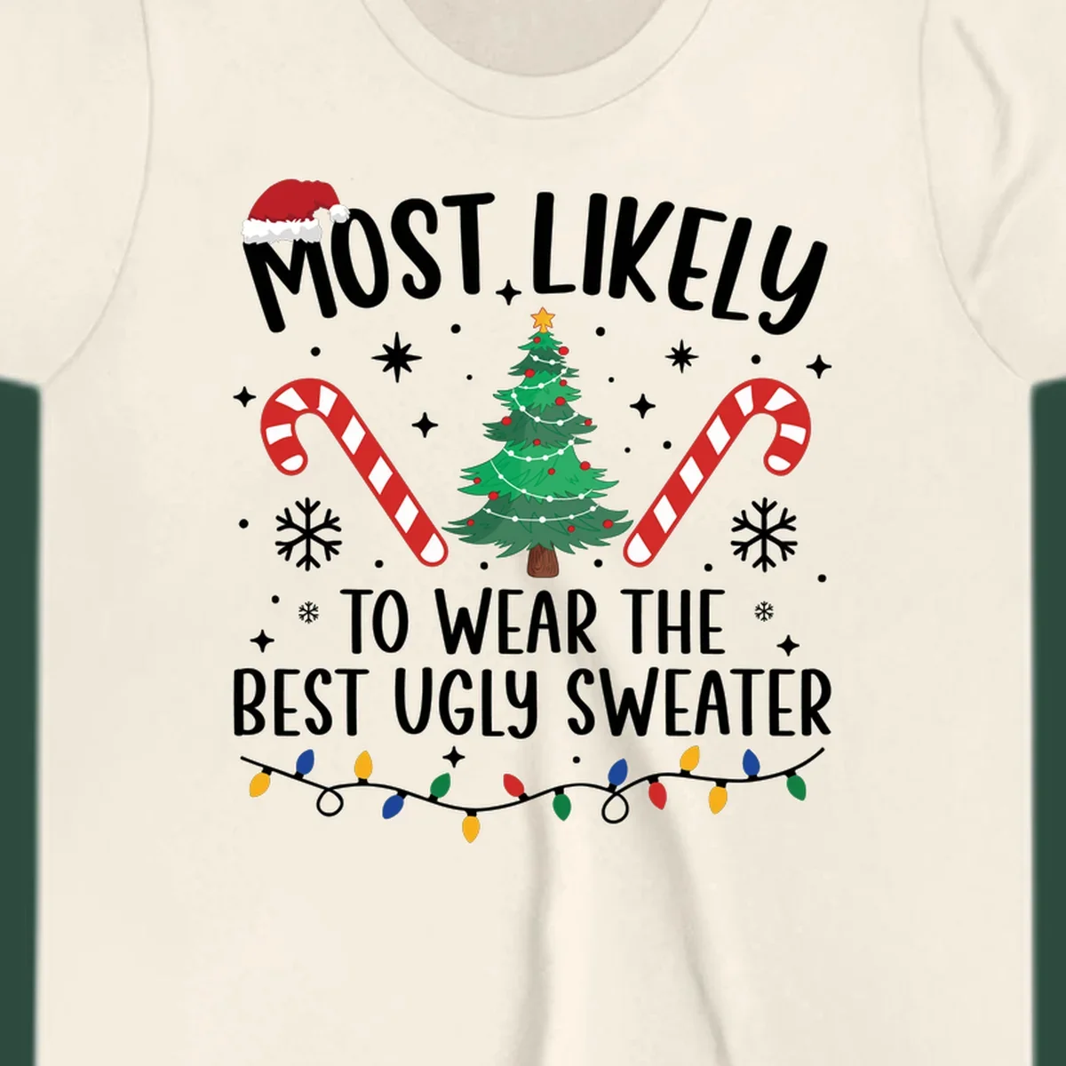 Most likely to wear the best ugly sweater text with Christmas tree, candy canes, and festive decorations.