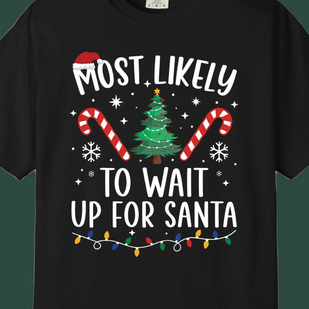 Most Likely To Wait For Santa text with Christmas graphics like tree, candy canes, and Santa hat.