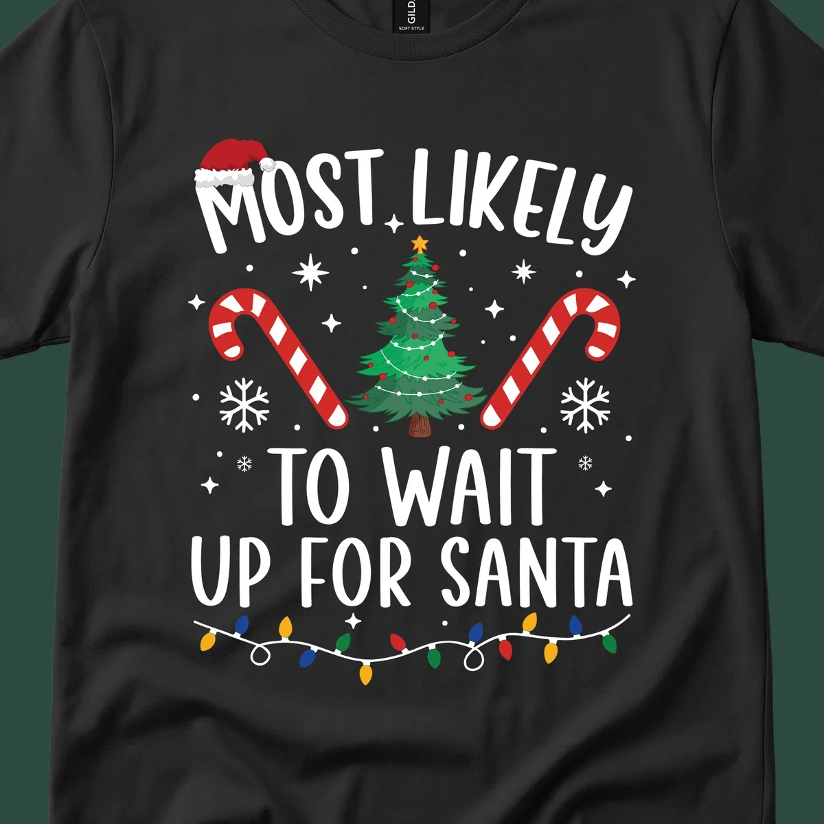Most Likely To Wait For Santa text with Christmas graphics like tree, candy canes, and Santa hat.