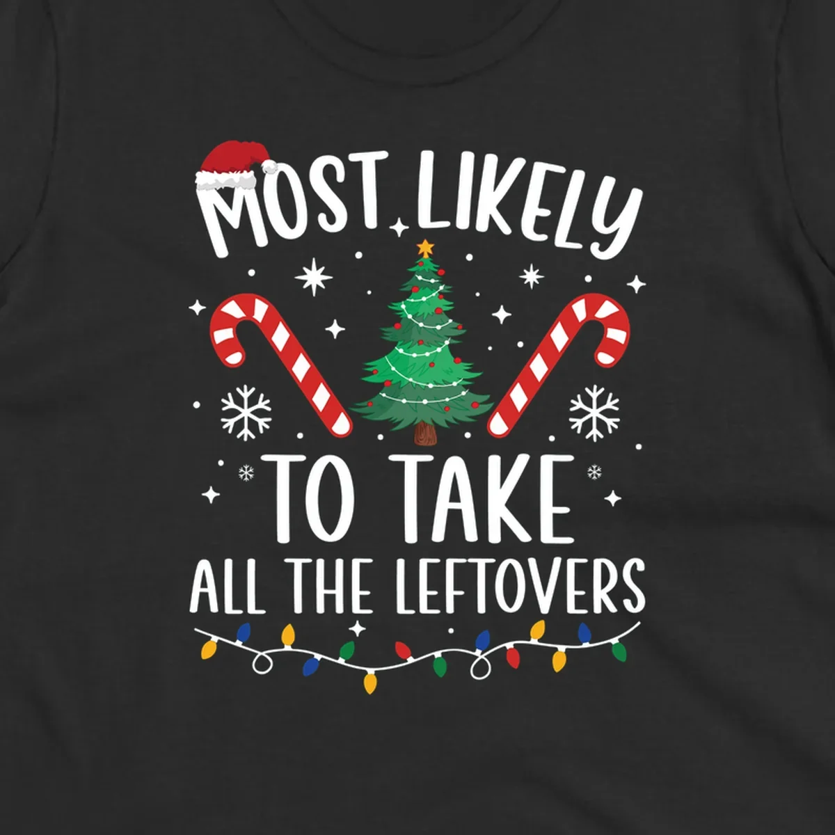 Most Likely To Take All The Leftovers funny Christmas text and graphic design.