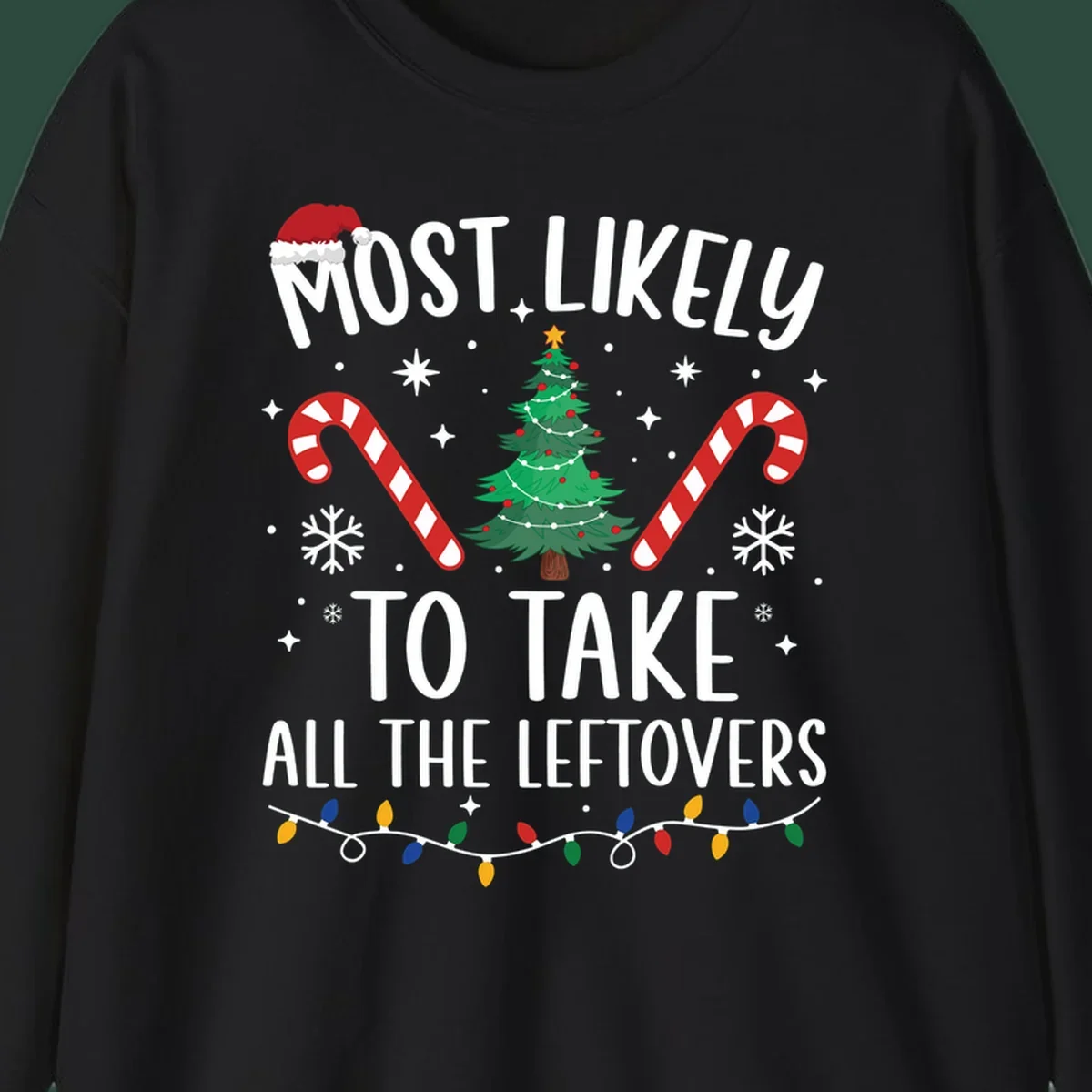 Most Likely To Take All The Leftovers funny Christmas text and graphic design.