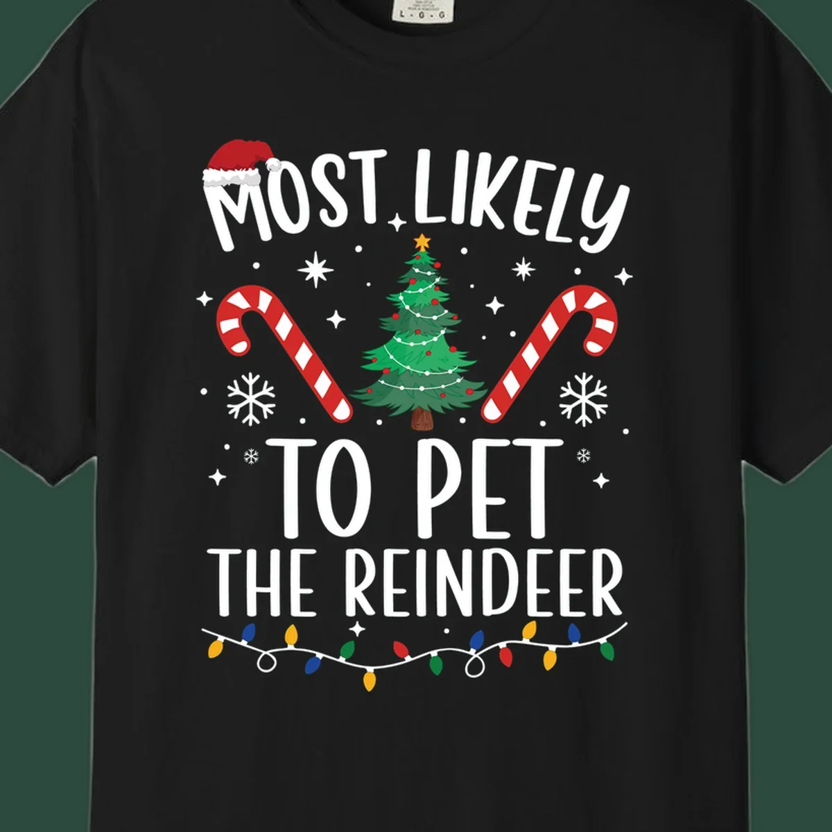Most Likely To Pet The Reindeer Christmas design with text, Santa hat, tree, candy canes, and lights.