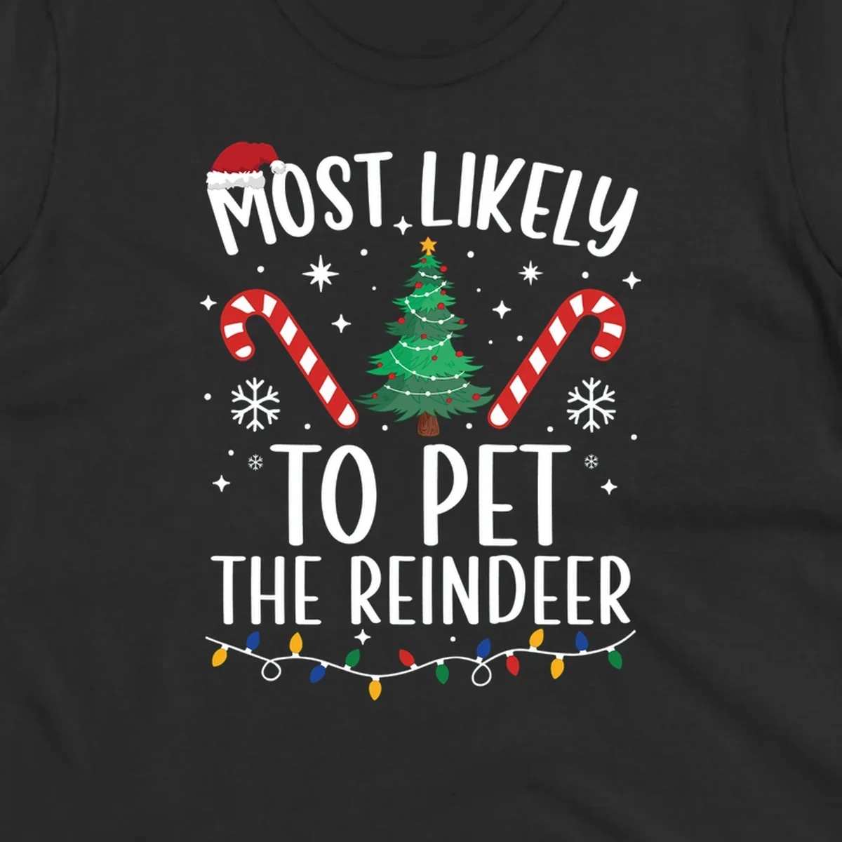 Most Likely To Pet The Reindeer Christmas design with text, Santa hat, tree, candy canes, and lights.