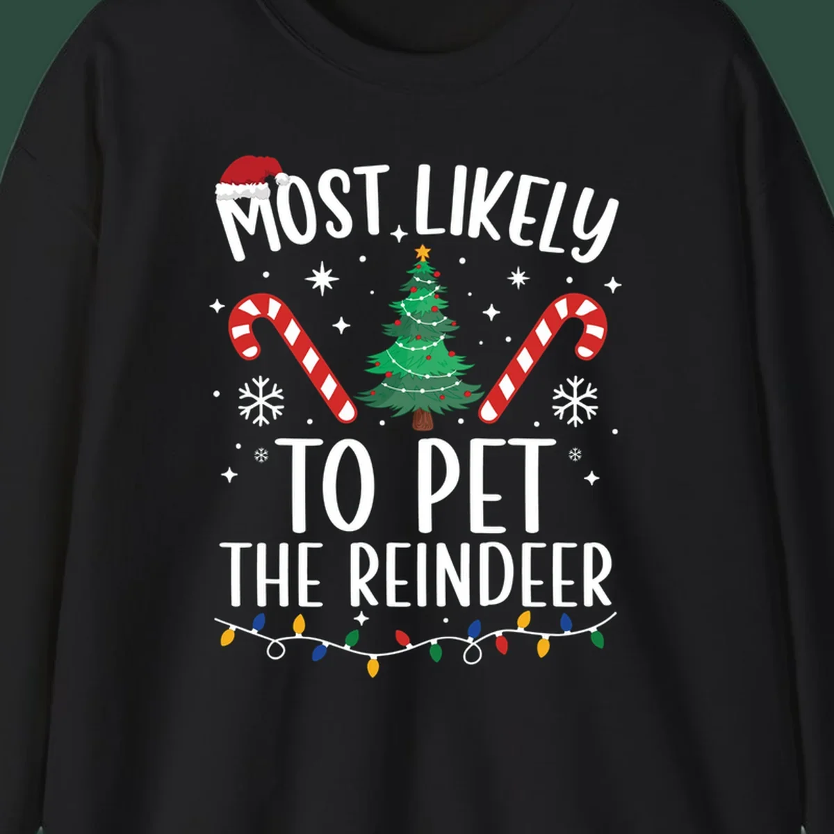 Most Likely To Pet The Reindeer Christmas design with text, Santa hat, tree, candy canes, and lights.