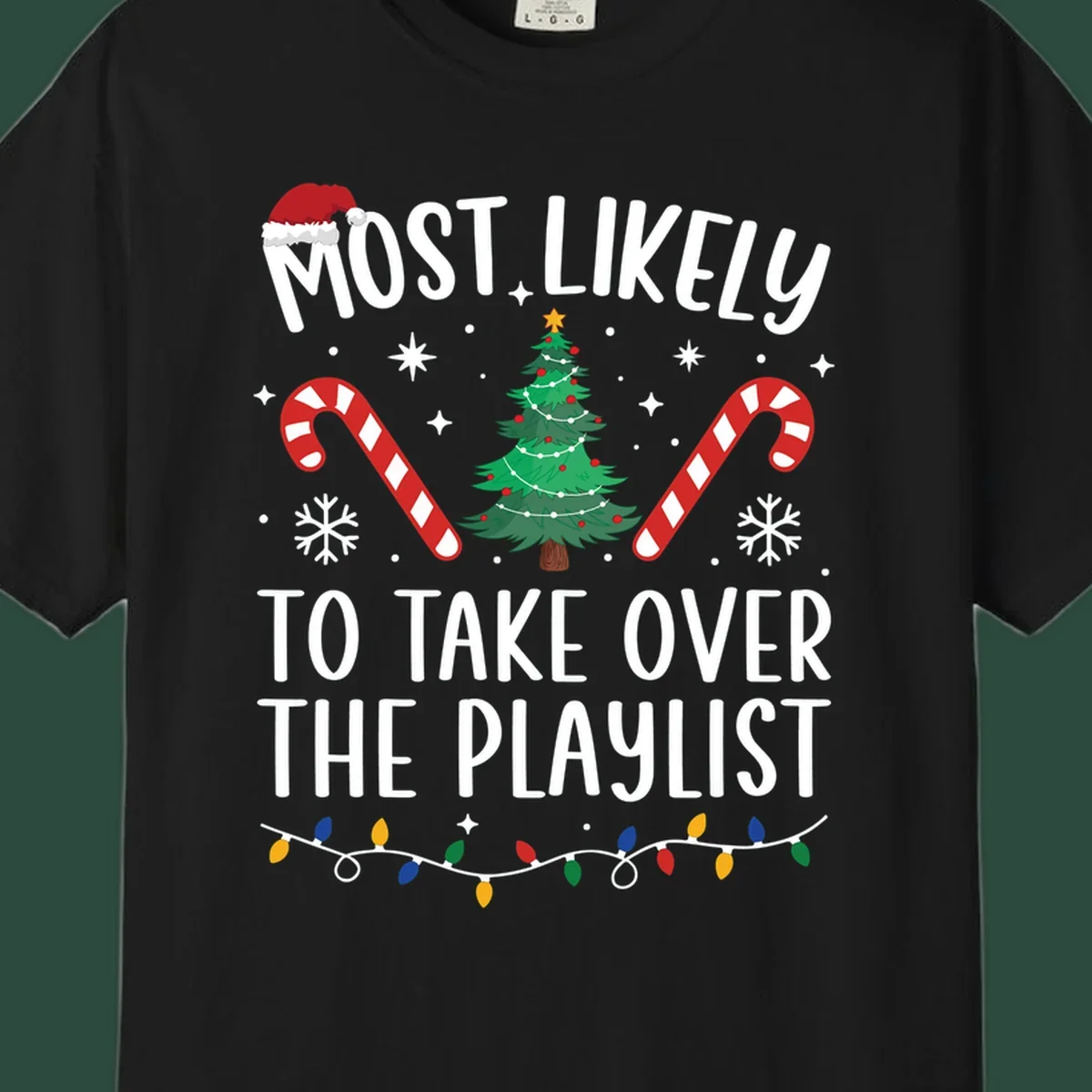 Christmas design with text 'Most Likely To Take Over Playlist', featuring a Santa hat, tree, candy canes, and lights.