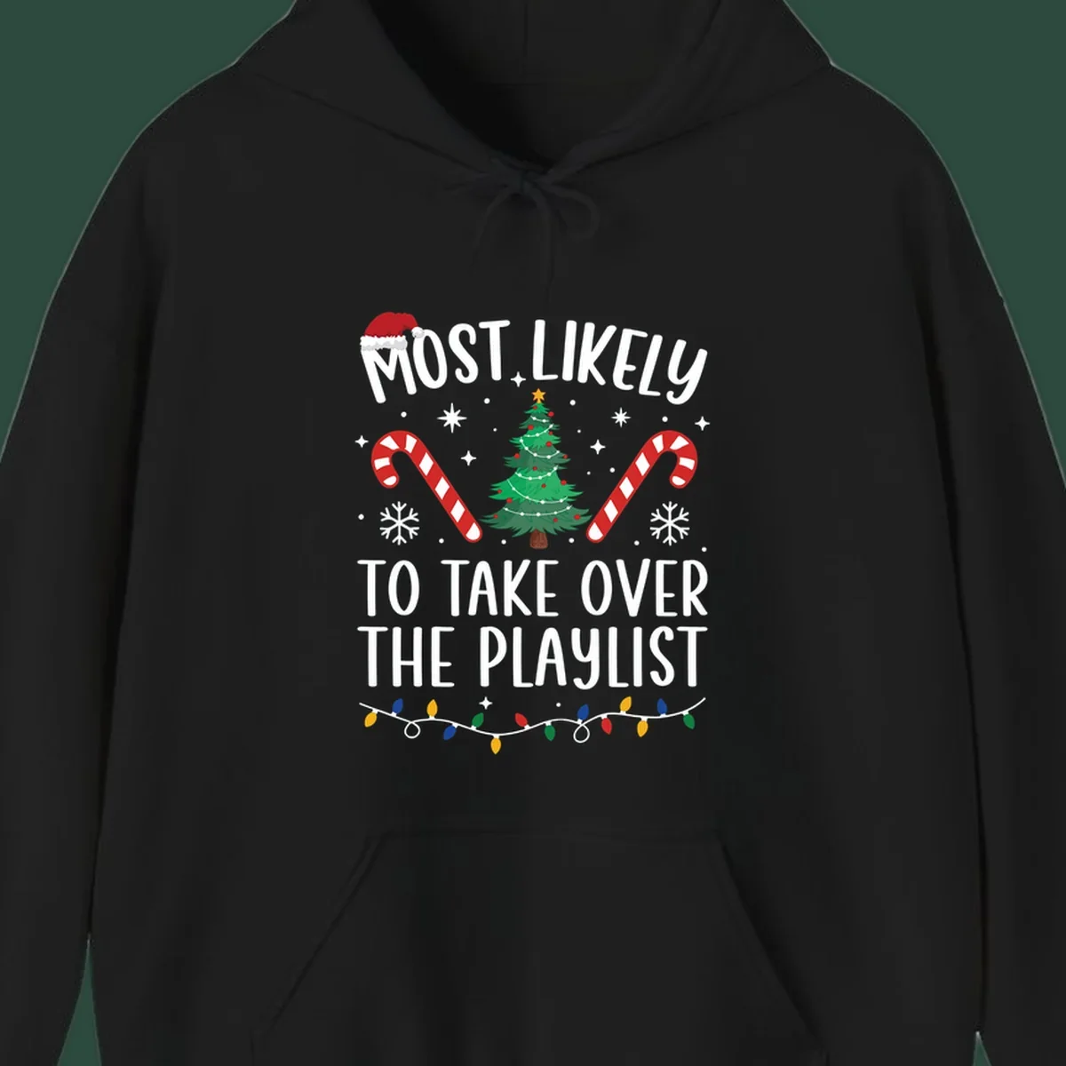Christmas design with text 'Most Likely To Take Over Playlist', featuring a Santa hat, tree, candy canes, and lights.